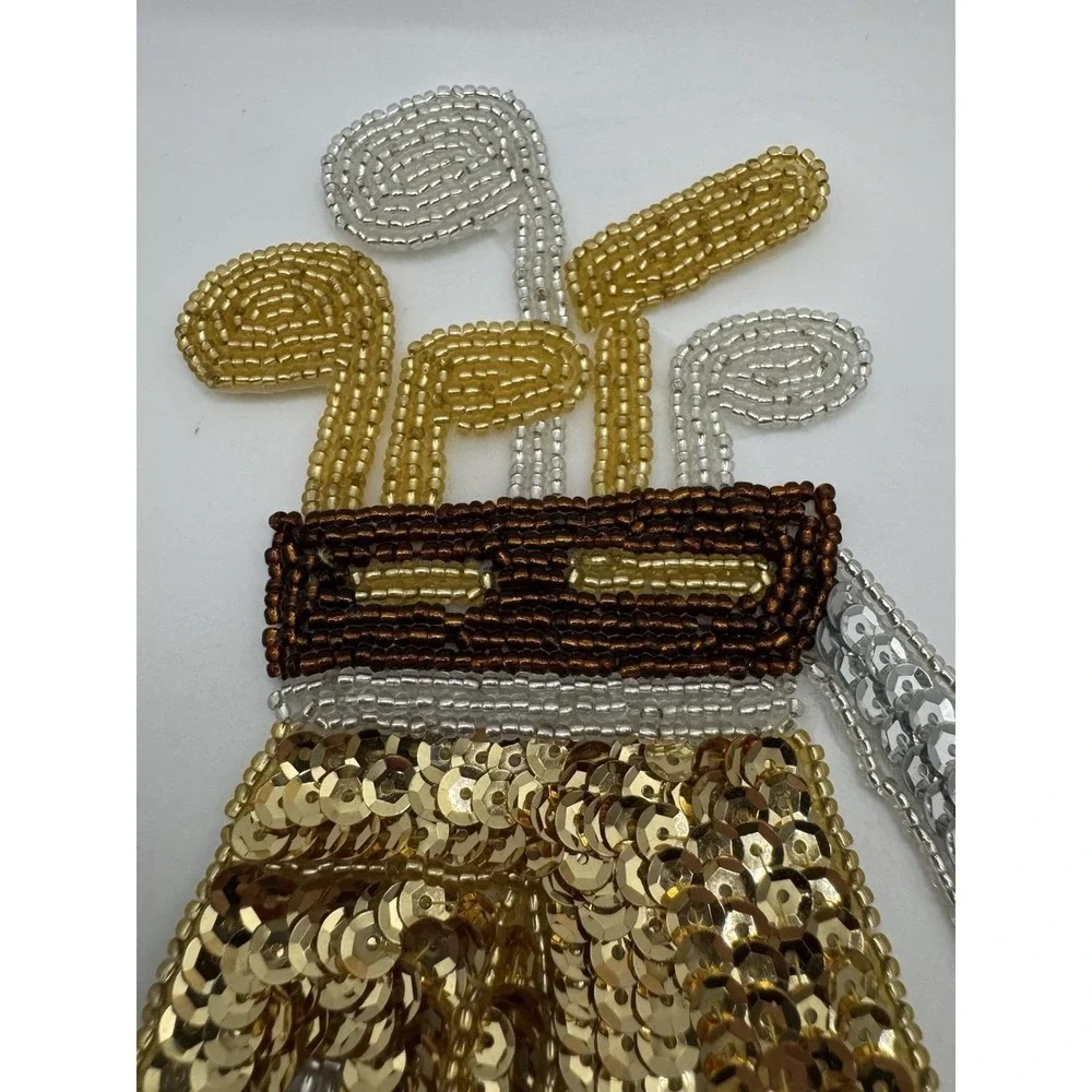Sequined & Beaded Golf Bag And Clubs Sew On Patch NOS Gold & White